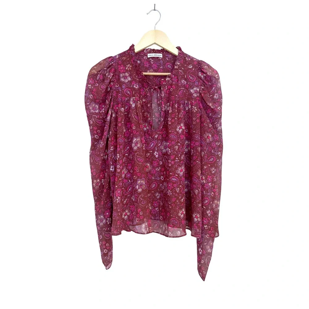 Ulla Johnson Renly Silk Paisley Floral Puff Sleeve Blouse Berry Purple Size 8